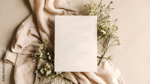 Elegant wedding invitation with flowers, flat lay mockup, pastel colors, copy space. AI generative.
