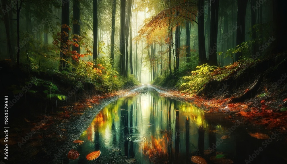 A rain puddle in an autumn forest in the morning as the sun breaks through the clouds A rain puddle in an autumn forest in the morning as the sun breaks through the clouds