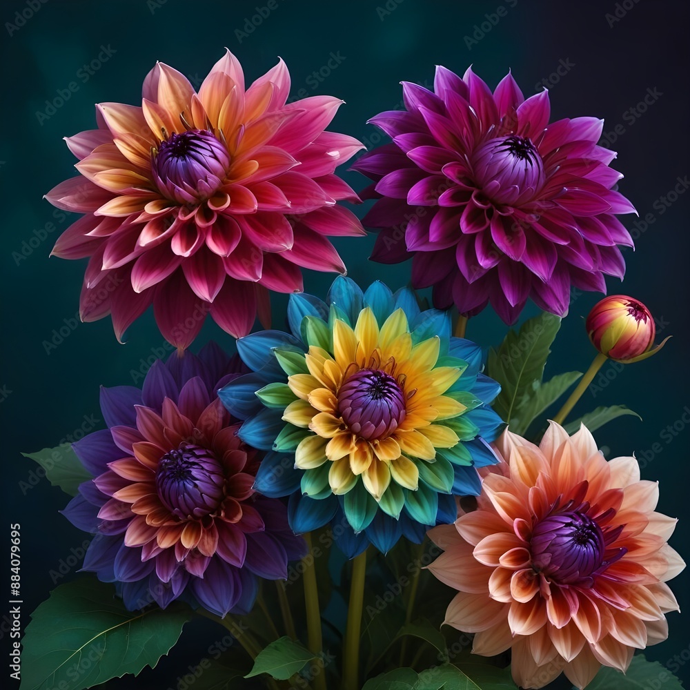 Breathtaking bouquet of resplendent peacock dahlias in a captivating array of vibrant, iridescent hues and lush, verdant foliage Breathtaking bouquet of resplendent peacock dahlias in a captivating array of vibrant, iridescent hues and lush, verdant foliage