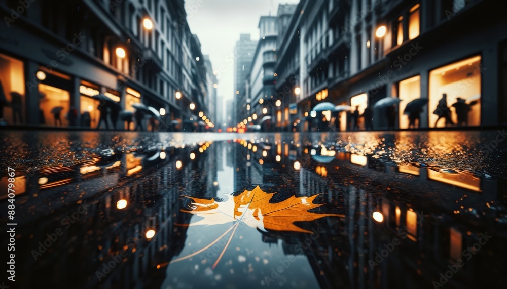 A maple leaf in a puddle on a city street during the rain in the evening A maple leaf in a puddle on a city street during the rain in the evening