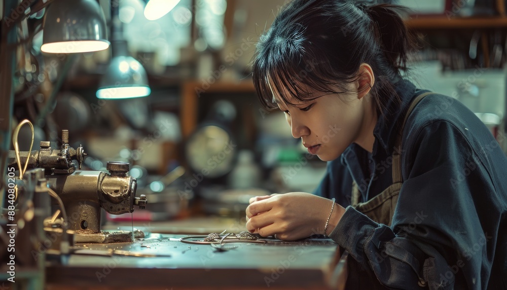 Goldsmith woman crafting jewelry workshop Goldsmith woman crafting jewelry workshop