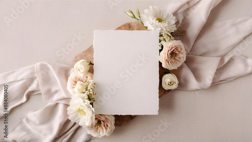 Elegant wedding invitation with flowers, flat lay mockup, pastel colors, copy space. AI generative.