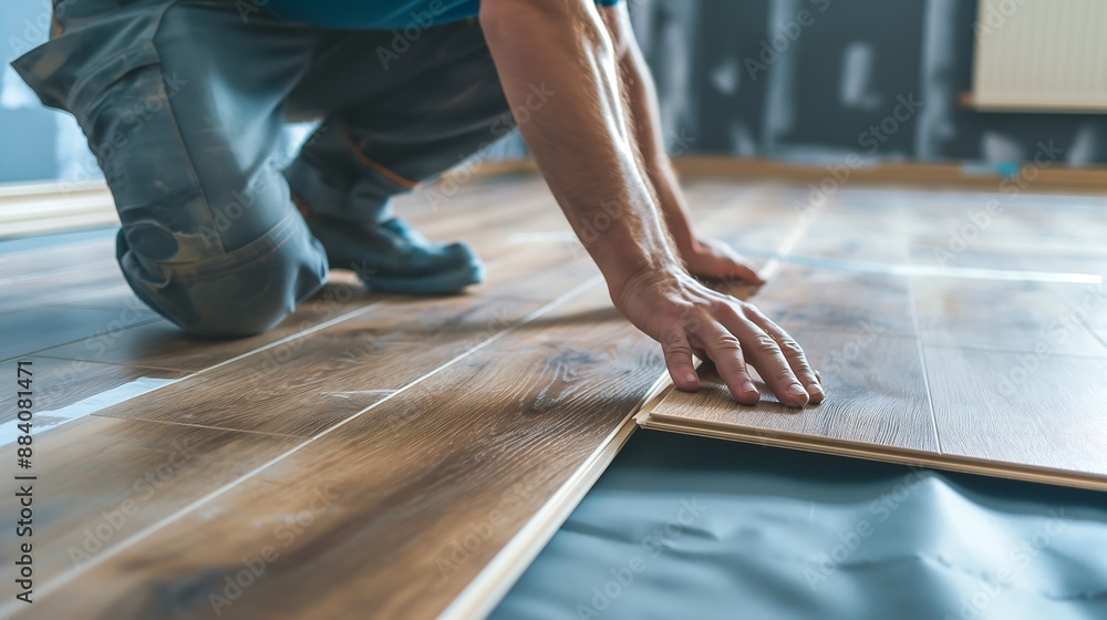 Technician installing laminate flooring Home renovation Technician installing laminate flooring Home renovation
