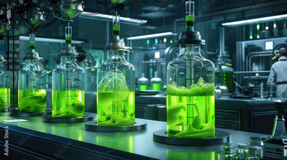 Glass containers of green liquid line the steel table in an industrial lab Glass containers of green liquid line the steel table in an industrial lab