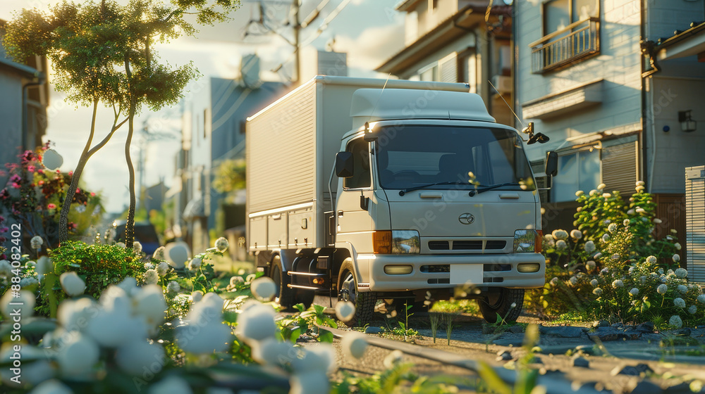 A delivery truck is navigating a narrow, residential street adorned with lush greenery and blooming white flowers under the warm morning sunlight. A delivery truck is navigating a narrow, residential street adorned with lush greenery and blooming white flowers under the warm morning sunlight.