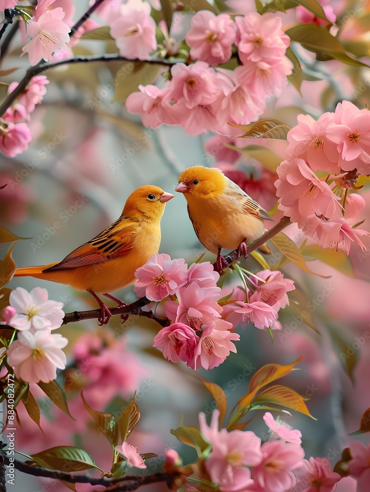 Delicate Canaries Flitting Amidst Vibrant Cherry Blossoms in a Tranquil Garden Delicate Canaries Flitting Amidst Vibrant Cherry Blossoms in a Tranquil Garden