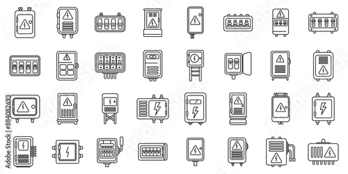 Electric switchboard icons set. Large set of simple electrical cabinet icons featuring various designs and warning signs, ideal for electricians and safety presentations