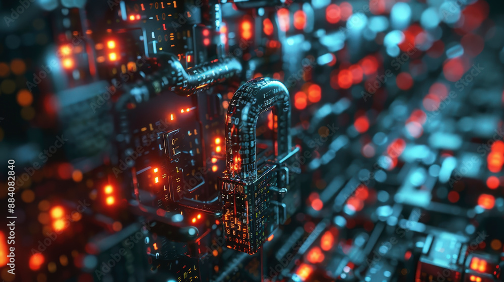An array of illuminated circuit boards and microchips forms a complex digital landscape, showcasing a central padlock symbolizing cyber security. An array of illuminated circuit boards and microchips forms a complex digital landscape, showcasing a central padlock symbolizing cyber security.