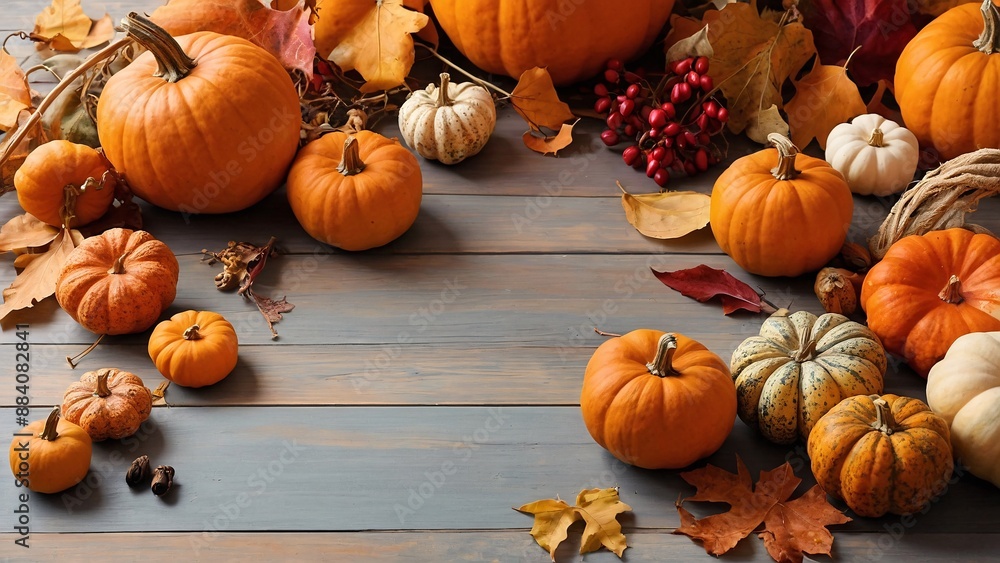 Autumn flat lay scene with pumpkin on pastel background. Thanksgiving and Halloween background. Copy space. AI generative.