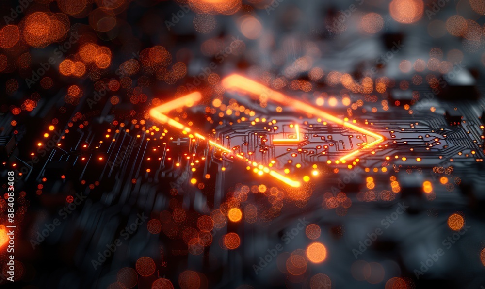 Orange arrows on a circuit board depict the digital business transformation concept. Orange arrows on a circuit board depict the digital business transformation concept.