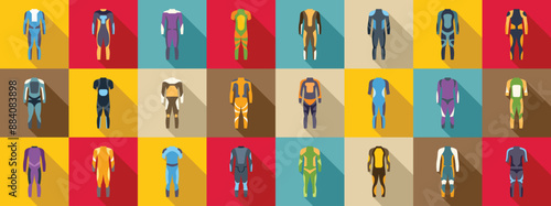 Wetsuit icons set. Large set of racing driver suit icons showing different designs and colors, as well as different levels of padding and protection