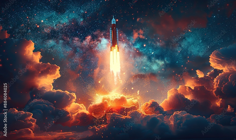 The digital rocket, launched from Earth amidst clouds of smoke and sparks, ascends into the boundless expanse. The digital rocket, launched from Earth amidst clouds of smoke and sparks, ascends into the boundless expanse.
