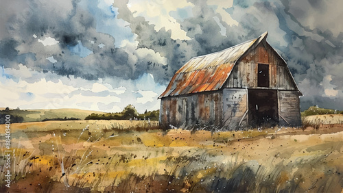 Watercolour Barn Landscape Illustration Old Dilapidated Rustic Countryside Rural Farmhouse Wooden Structure Aged Texture Vintage Painting Digital Art Vector Graphics