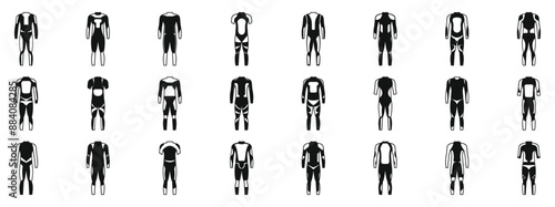 Wetsuit icons set. Collection of thermal underwear showing different designs for athletes practicing winter sports
