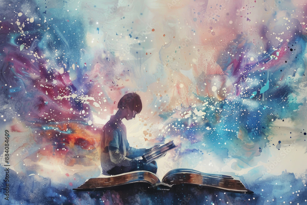 A young person sits on an open book, surrounded by a vibrant galaxy A young person sits on an open book, surrounded by a vibrant galaxy
