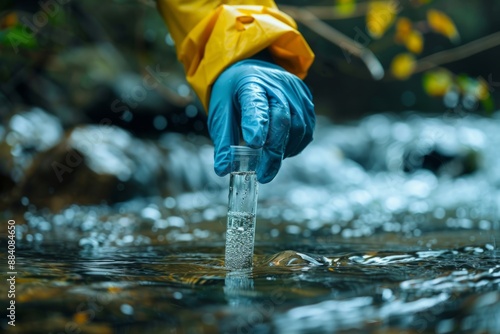 scientist taking water sample of water into a test tube photo