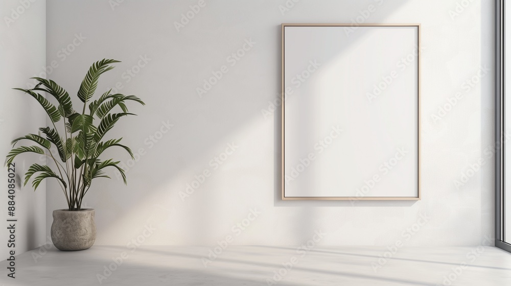 Minimalistic blank wall frame mockup on a smooth white wall, ideal for showcasing bold and colorful art. Minimalistic blank wall frame mockup on a smooth white wall, ideal for showcasing bold and colorful art.