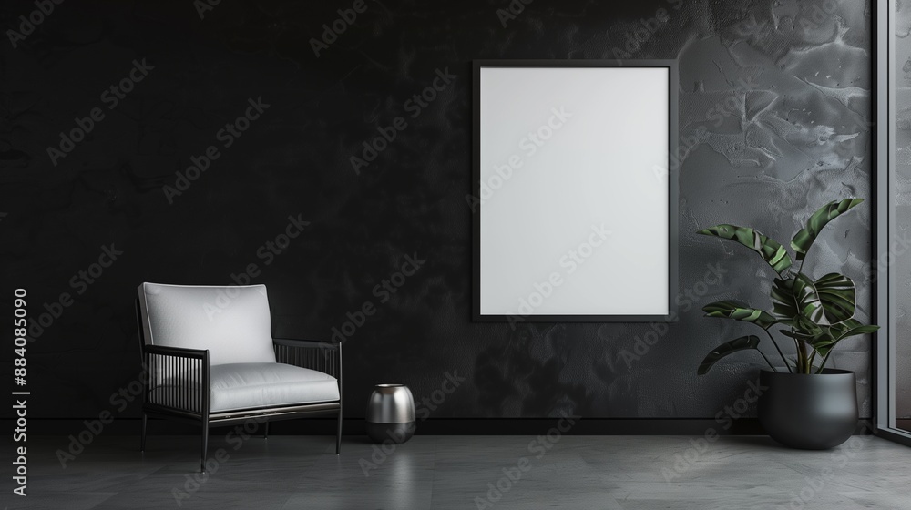 Minimalistic blank wall frame mockup on a smooth black wall, creating a bold and striking display area. Minimalistic blank wall frame mockup on a smooth black wall, creating a bold and striking display area.
