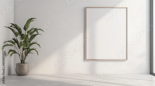 Minimalistic blank wall frame mockup on a smooth white wall, ideal for showcasing bold and colorful art.