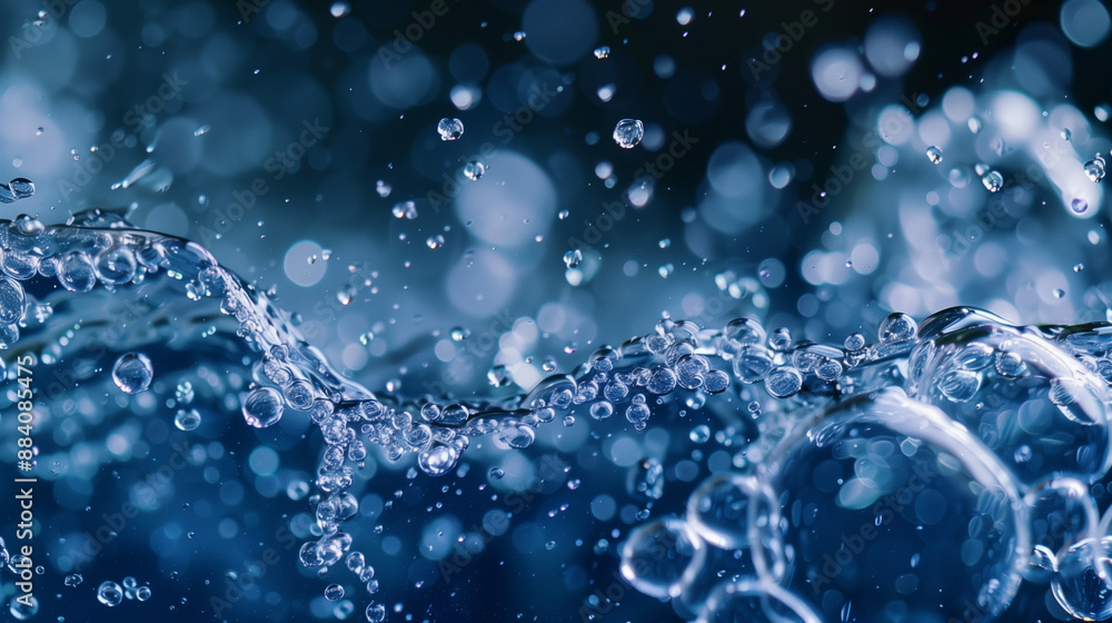 water drops on blue background, bubbles in water, A magnified view of water, the microscopic structure seen through a microscope. water drops on blue background, bubbles in water, A magnified view of water, the microscopic structure seen through a microscope.