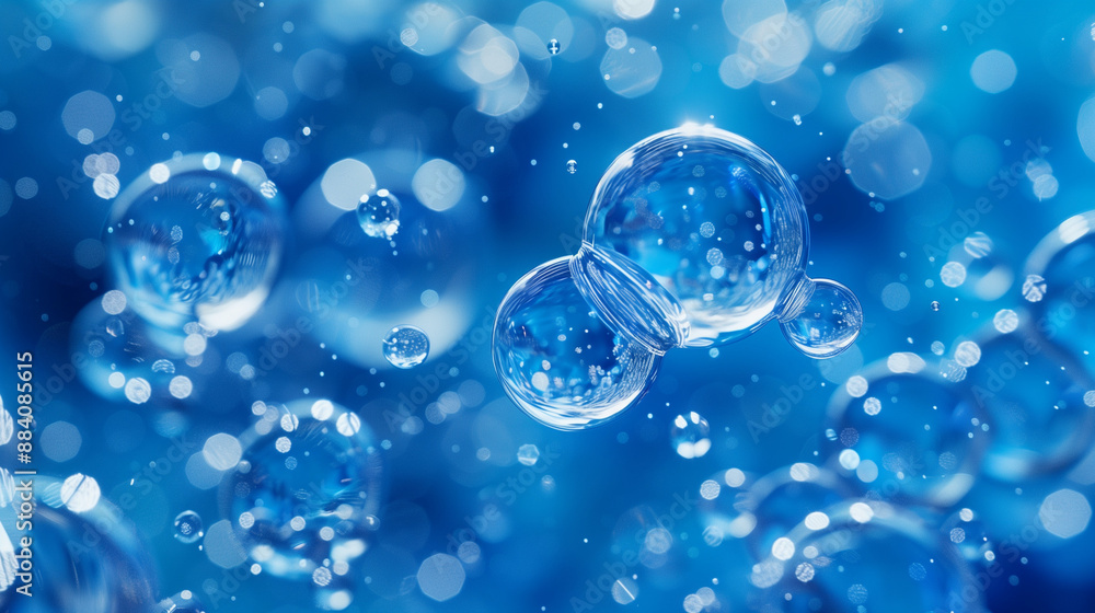 water drops on blue background, bubbles in water, A magnified view of water, the microscopic structure seen through a microscope. water drops on blue background, bubbles in water, A magnified view of water, the microscopic structure seen through a microscope.