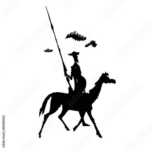 Don Quixote ink sketch. The character of Cervantes' novel. Illustration, isolated. Spot image, black silhouette, hand drawing photo