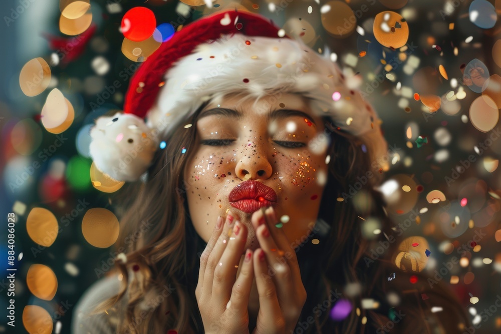 Φωτογραφία Beautiful young woman wearing Santa's hat, having fun at a New Year's Eve party,