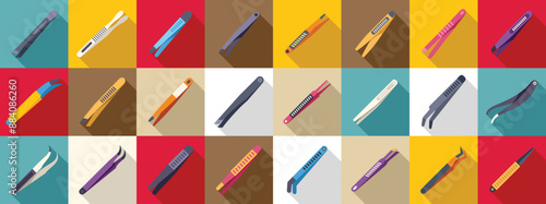 Tweezers icons set. Set of tweezers icons in flat style with long shadow, featuring a variety of tweezer designs for diverse applications
