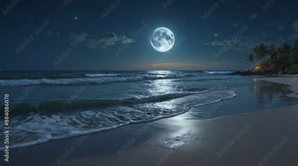 Fototapeta premium Moonlit Tranquility: A serene beach under the light of a full moon.