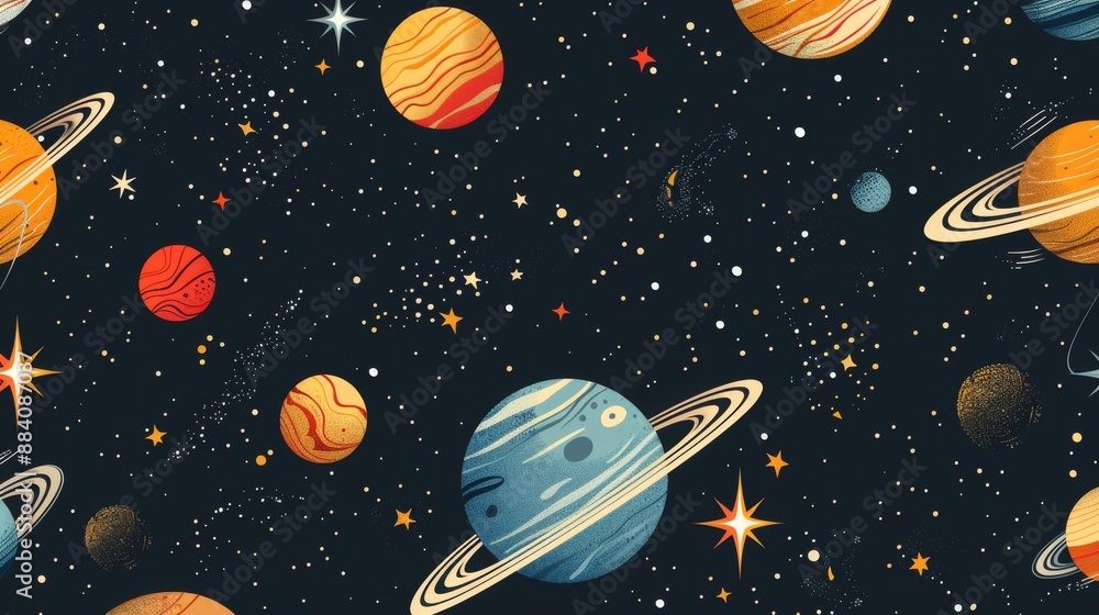 Retro seamless pattern with planets and stars in outer space Retro seamless pattern with planets and stars in outer space