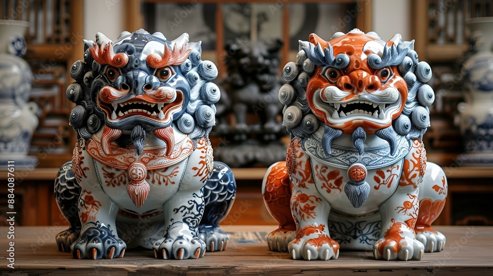 Fototapeta premium Two ceramic lion statues on a wooden table.