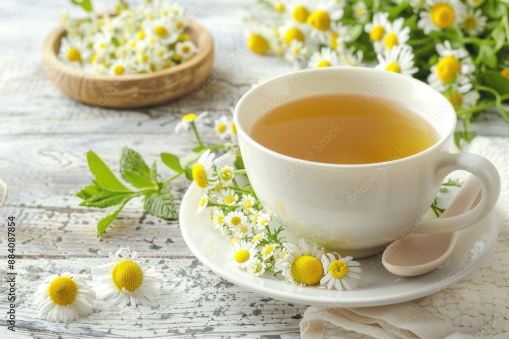 Chamomile tea in a white cup with chamomile flowers next to it, delicious calming beverage, relaxation Chamomile tea in a white cup with chamomile flowers next to it, delicious calming beverage, relaxation