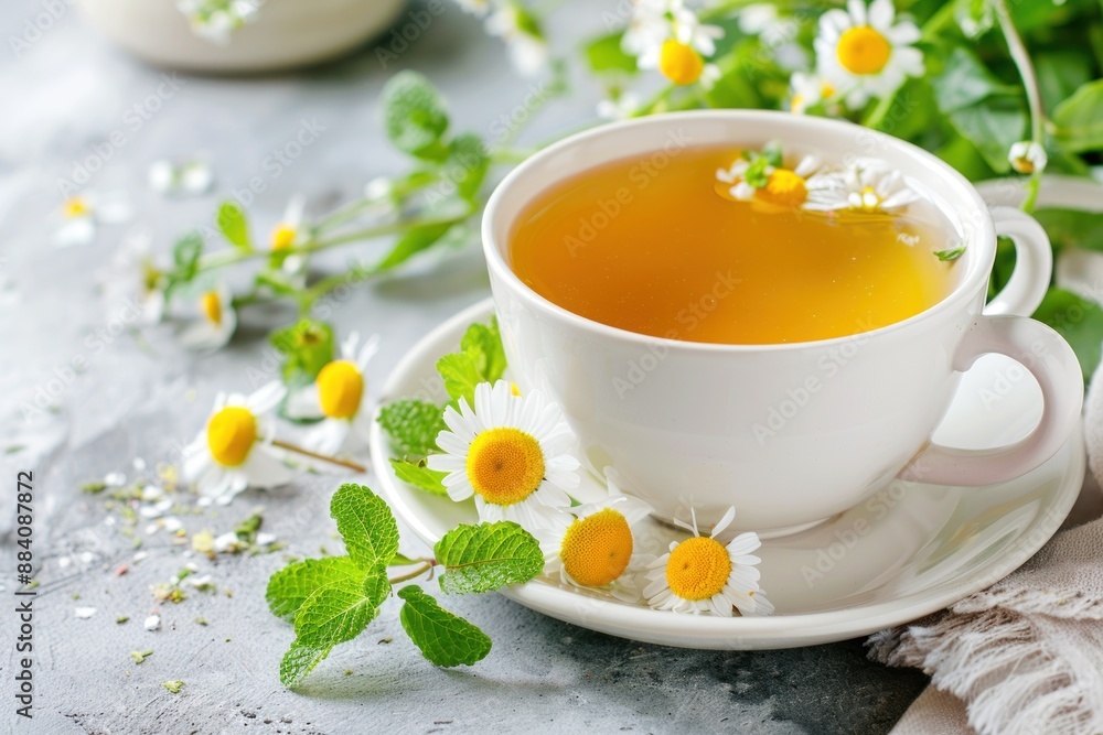 Chamomile tea in a white cup with chamomile flowers next to it, delicious calming beverage, relaxation Chamomile tea in a white cup with chamomile flowers next to it, delicious calming beverage, relaxation