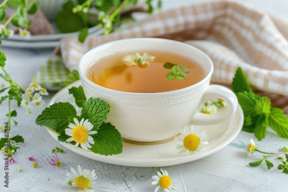 Chamomile tea in a white cup with chamomile flowers next to it, delicious calming beverage, relaxation Chamomile tea in a white cup with chamomile flowers next to it, delicious calming beverage, relaxation