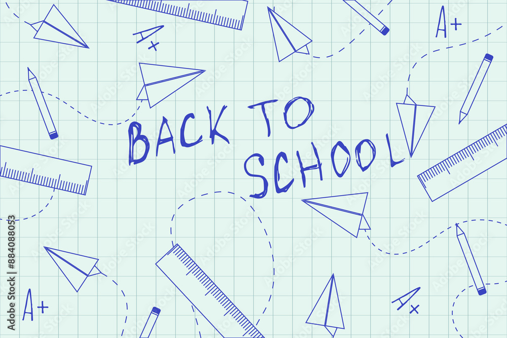 Hand drawn blue pen texture Back to School background design. Welcome School theme with Doodle paper plane, study tools. Art tools drawing. Vector illustration for web and social media. EPS 10 Hand drawn blue pen texture Back to School background design. Welcome School theme with Doodle paper plane, study tools. Art tools drawing. Vector illustration for web and social media. EPS 10