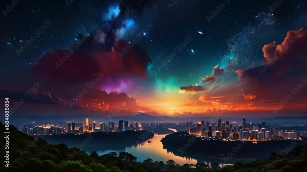 view of skyscrapers, with a backdrop of expanse of cosmos where vibrant planets and nebulae and distant stars, seamless looping 4k animation video background view of skyscrapers, with a backdrop of expanse of cosmos where vibrant planets and nebulae and distant stars, seamless looping 4k animation video background