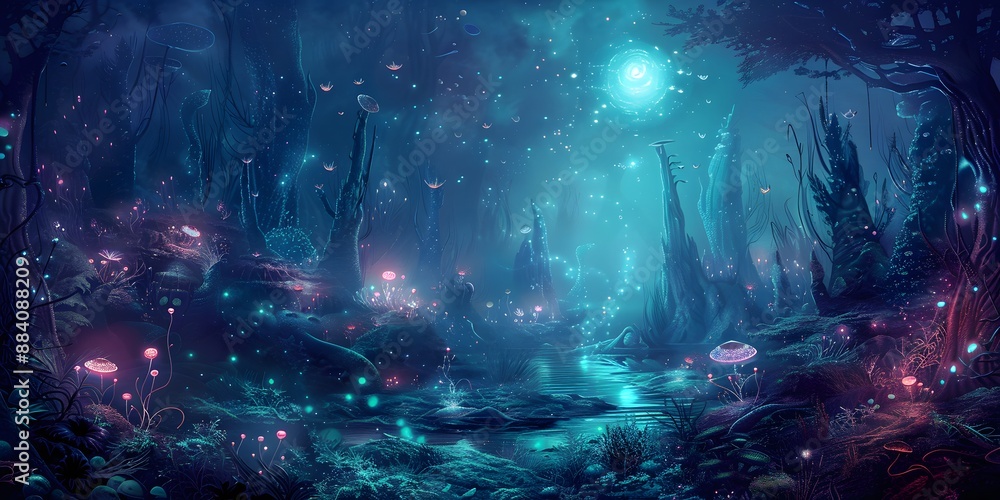 an ethereal deep sea forest, with tall, swaying seaweeds, glowing jellyfish, and a variety of exotic fish swimming through the serene, dark waters an ethereal deep sea forest, with tall, swaying seaweeds, glowing jellyfish, and a variety of exotic fish swimming through the serene, dark waters