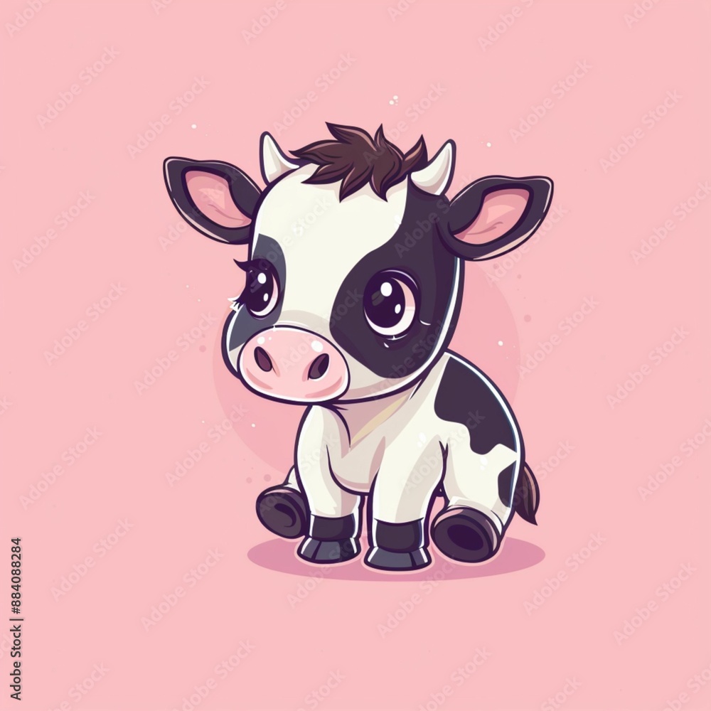 Flat Design Cute Cartoon Cow Illustration Isolated On Pink Background Flat Design Cute Cartoon Cow Illustration Isolated On Pink Background