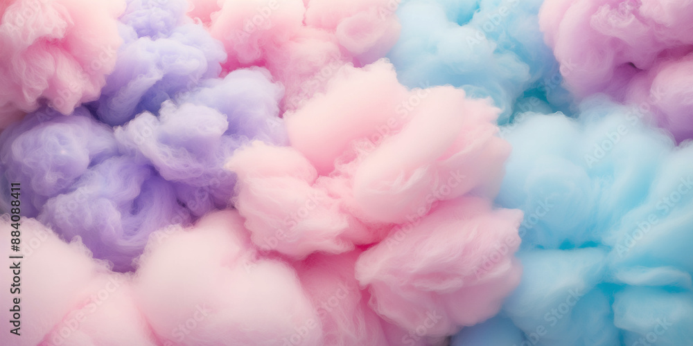 Obraz premium Close-up of fluffy cotton candy in pastel pink, blue, and purple hues. Sweet themed designs, childhood nostalgia concepts, or dreamy, whimsical backgrounds.