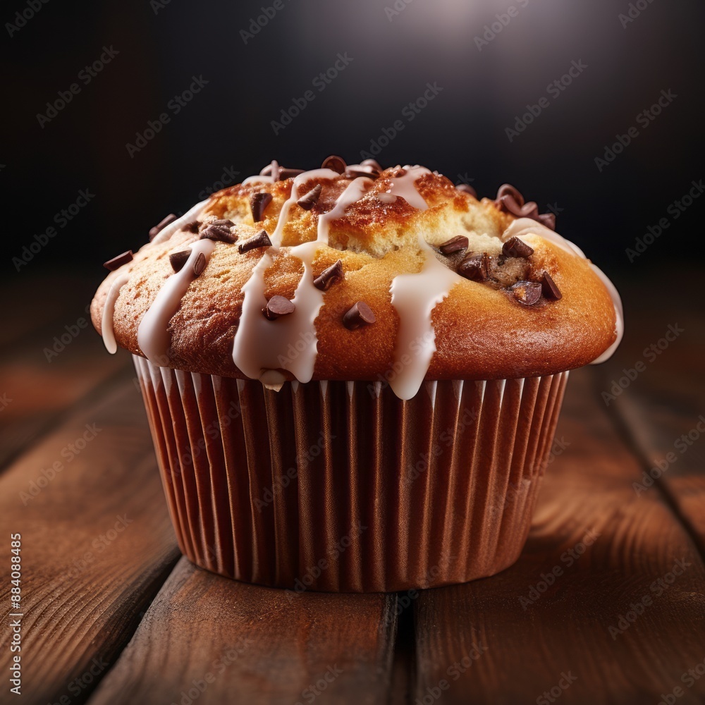 A delicious muffin topped with chocolate chips and drizzled A delicious muffin topped with chocolate chips and drizzled
