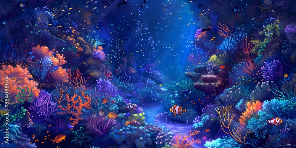 Create an illustration of a vibrant, majestic coral reef in the deep sea, with colorful corals, exotic fish, and glowing marine life illuminating the dark waters
Create an illustration of a vibrant, majestic coral reef in the deep sea, with colorful corals, exotic fish, and glowing marine life illuminating the dark waters