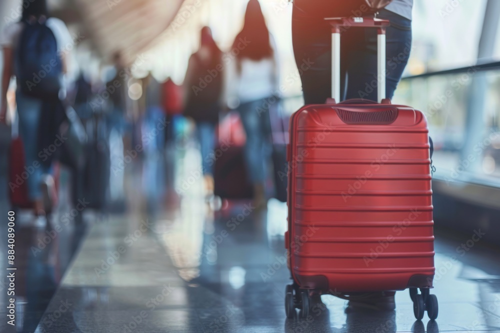 Close up Group of dynamic people with suitcases at the airport copy space blurred background Close up Group of dynamic people with suitcases at the airport copy space blurred background