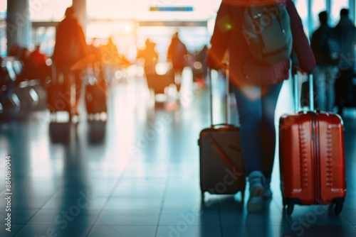 Close up Group of dynamic people with suitcases at the airport copy space blurred background