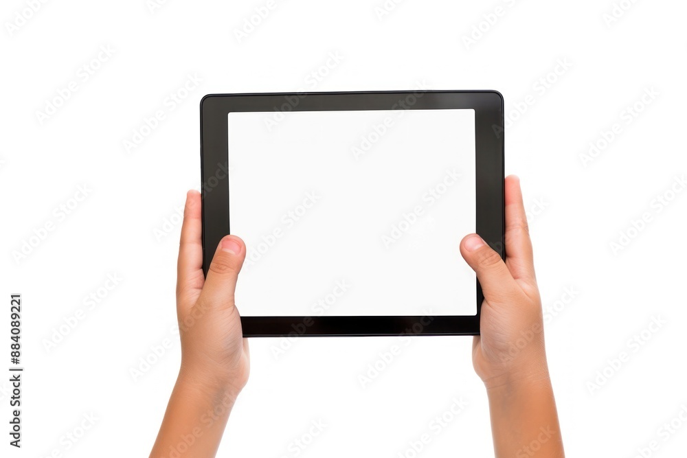 Close up kid hands showing digital tablet against white background with empty screen hands holding digital tablet Close up kid hands showing digital tablet against white background with empty screen hands holding digital tablet