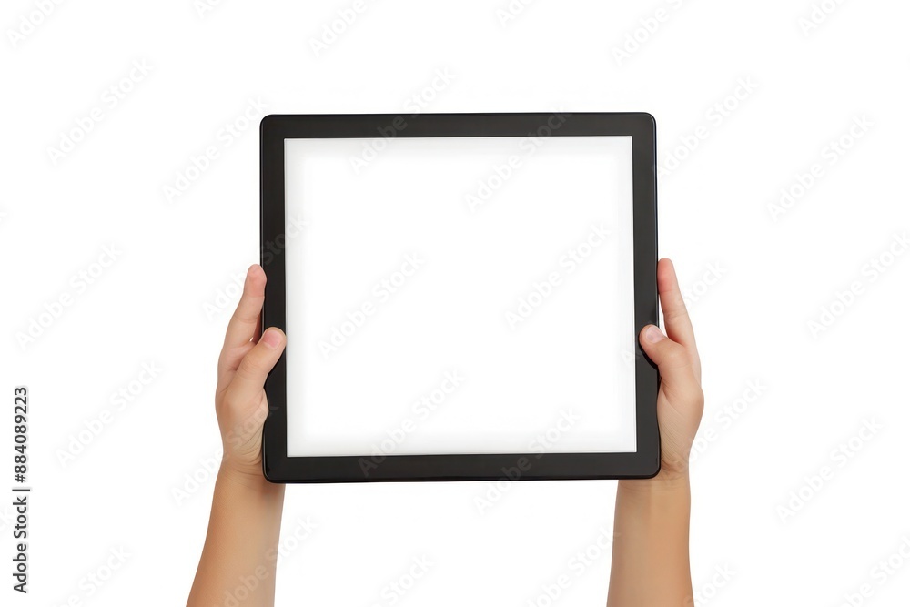 Close up kid hands showing digital tablet against white background with empty screen hands holding digital tablet Close up kid hands showing digital tablet against white background with empty screen hands holding digital tablet