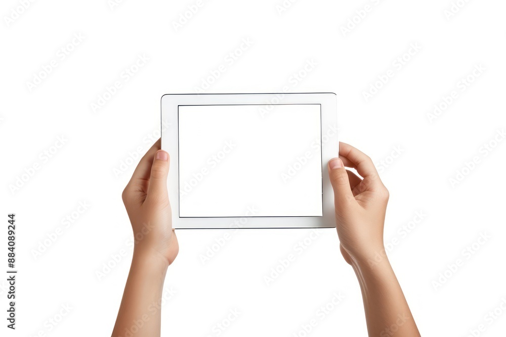 Close up kid hands showing digital tablet against white background with empty screen hands holding digital tablet Close up kid hands showing digital tablet against white background with empty screen hands holding digital tablet