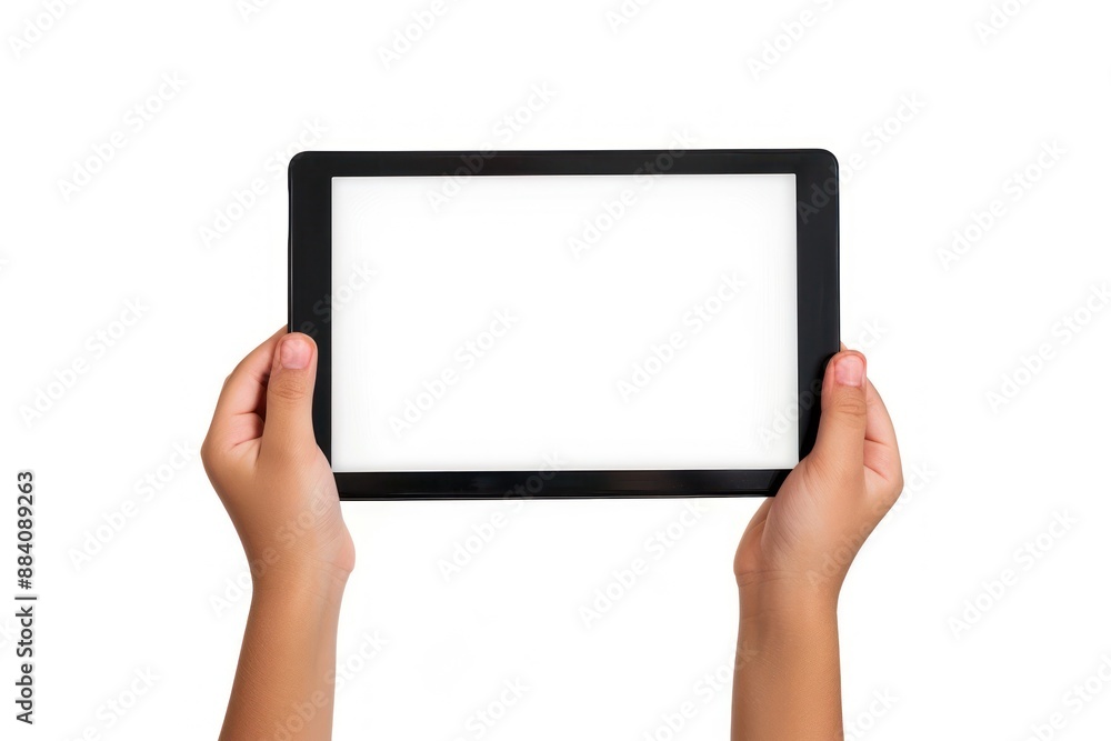Close up kid hands showing digital tablet against white background with empty screen hands holding digital tablet Close up kid hands showing digital tablet against white background with empty screen hands holding digital tablet