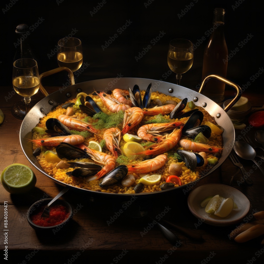 A traditional Spanish paella filled with prawn A traditional Spanish paella filled with prawn