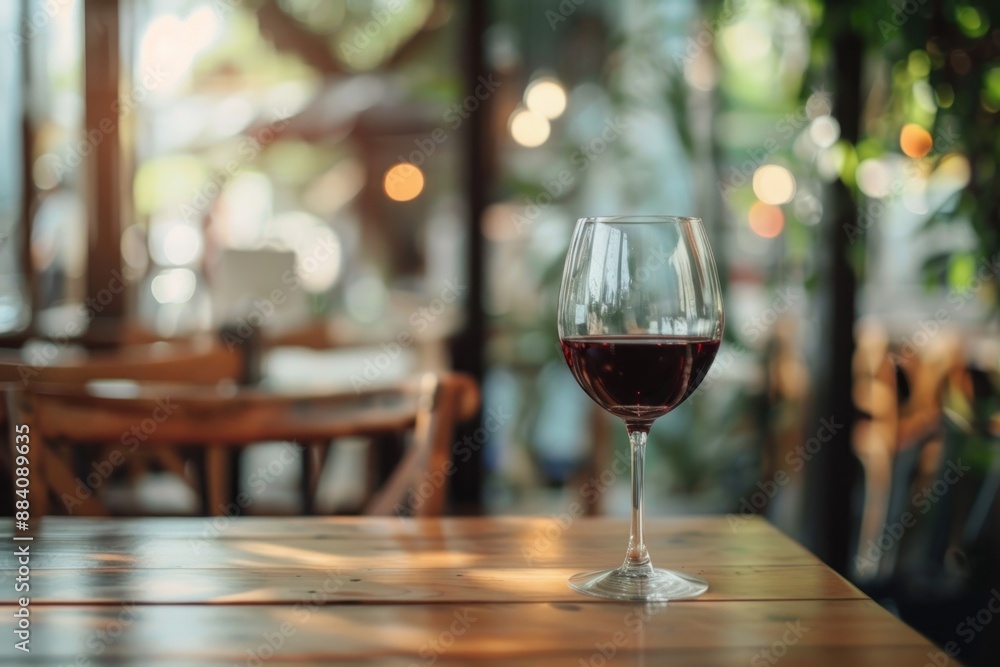 Fototapeta premium Close up minimalistic Elegant Restaurant Table with Wine glass near window blurred background