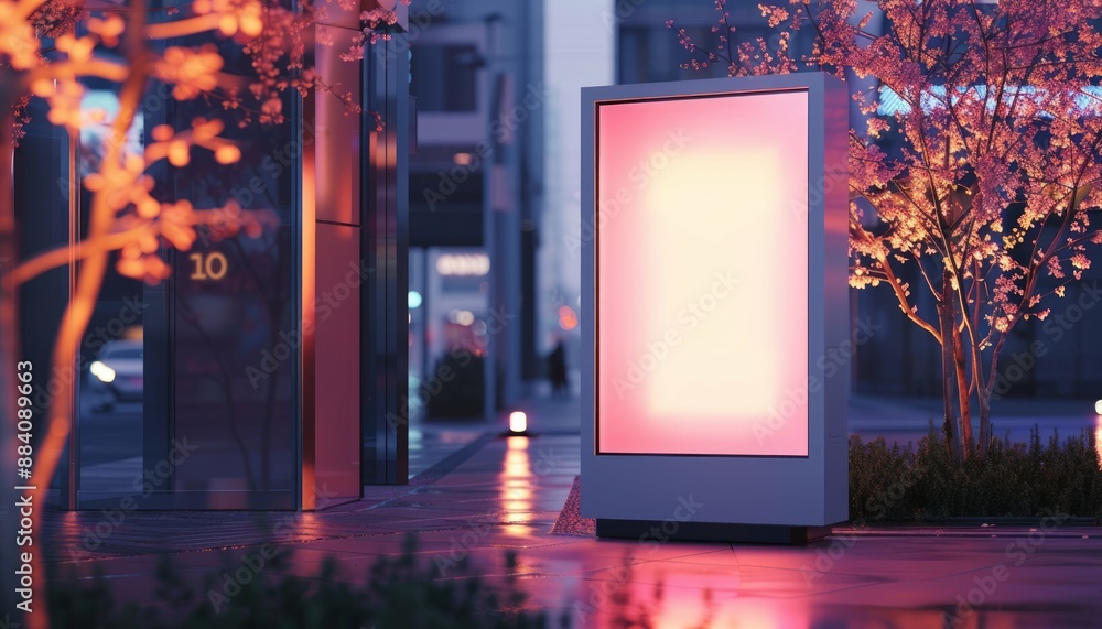 A cutting-edge, modern public information kiosk with a neon touchscreen display, perfect showcasing A cutting-edge, modern public information kiosk with a neon touchscreen display, perfect showcasing